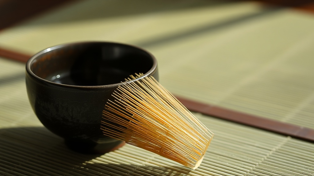 Tea ceremony setting with bamboo whisk
